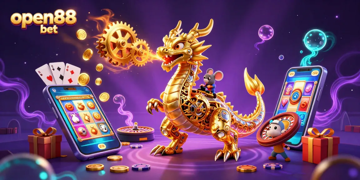 Experience the thrill of open88 bet with a vibrant scene featuring a dragon and live casino elements.