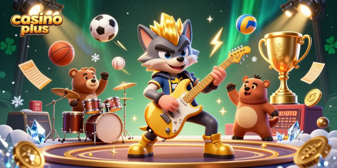 Experience thrilling moments at casino plus with an electric rock star wolf performing surrounded by vibrant sports elements.