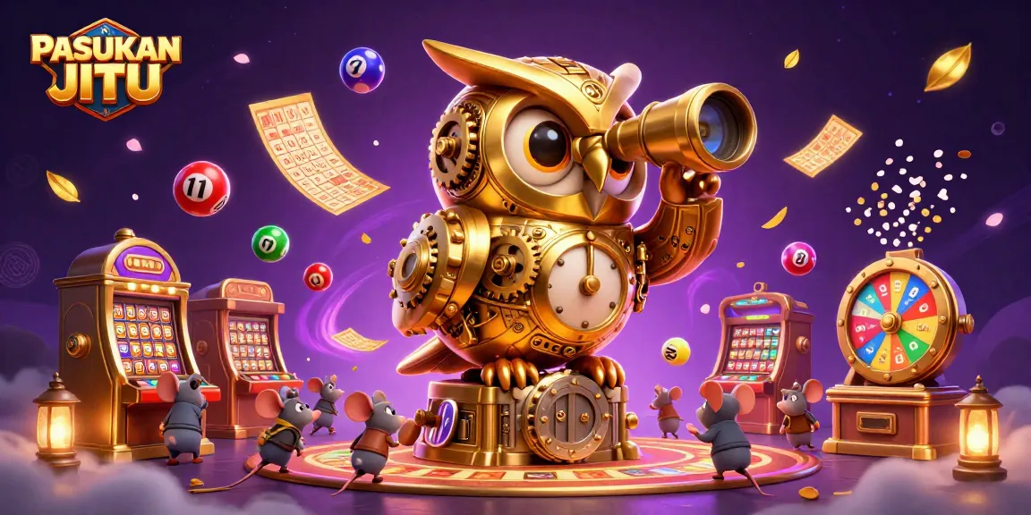 Experience PASUKAN JITU with a vibrant golden owl overseeing a casino filled with dynamic games and excitement.