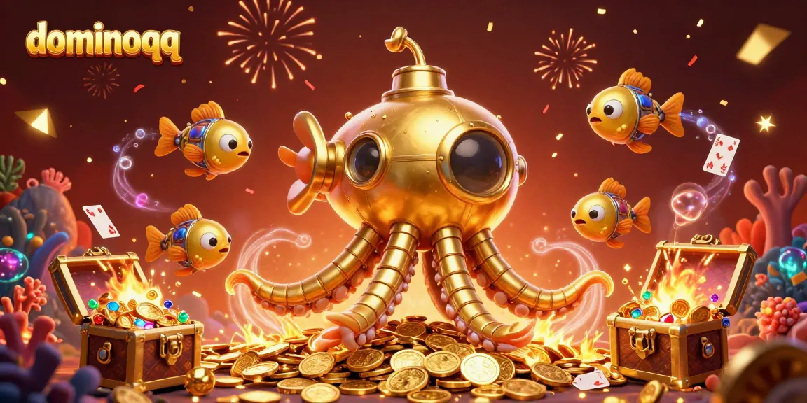 Experience thrilling gameplay at dominoqq with a golden kraken submarine amidst treasures and cards.
