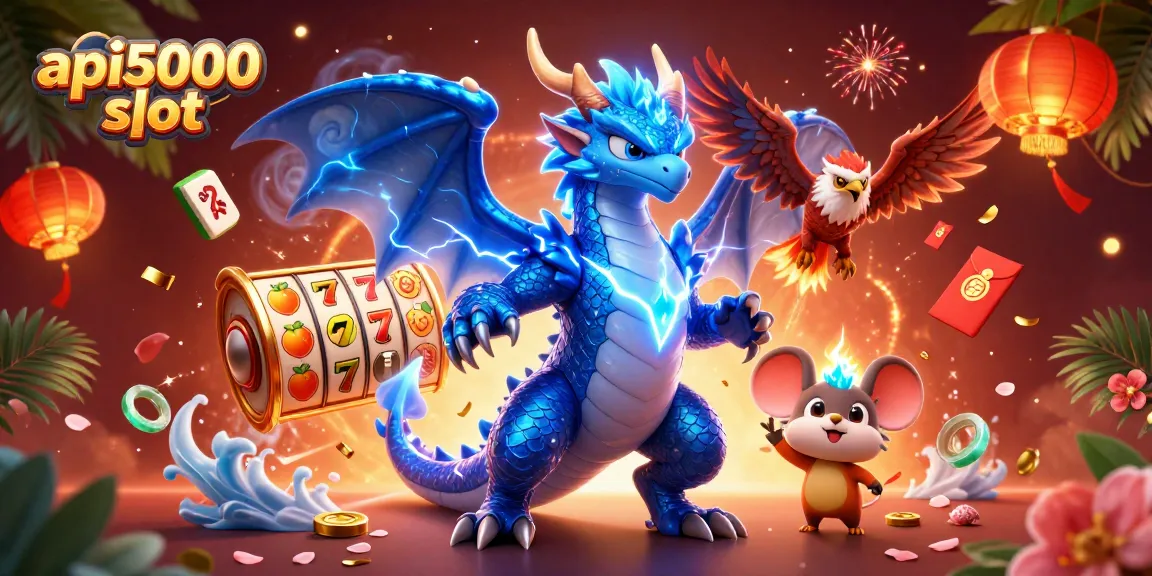 Menang besar dengan api5000 slot dan simbol keberuntungan dalam ilustrasi kasino yang bersemangat.