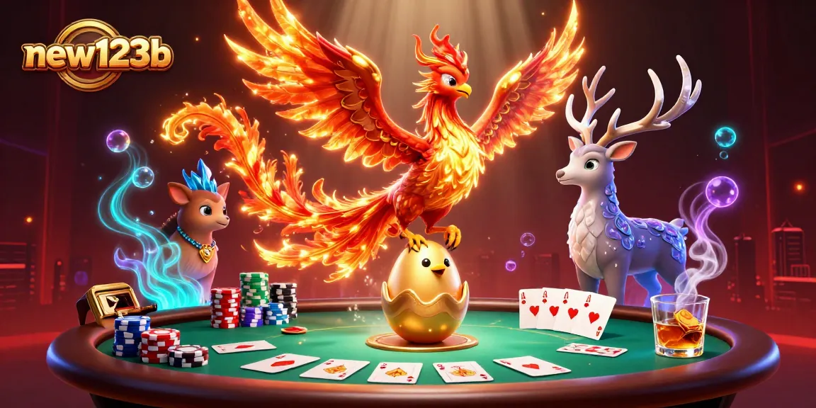 Experience thrilling gameplay with new123b, featuring a phoenix and poker scene in vibrant colors.