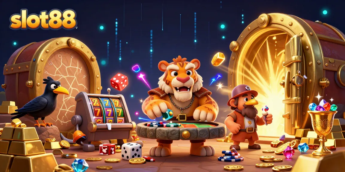 Mainkan slot88 dalam ilustrasi kasino prasejarah dengan karakter menarik dan harta karun berlimpah.