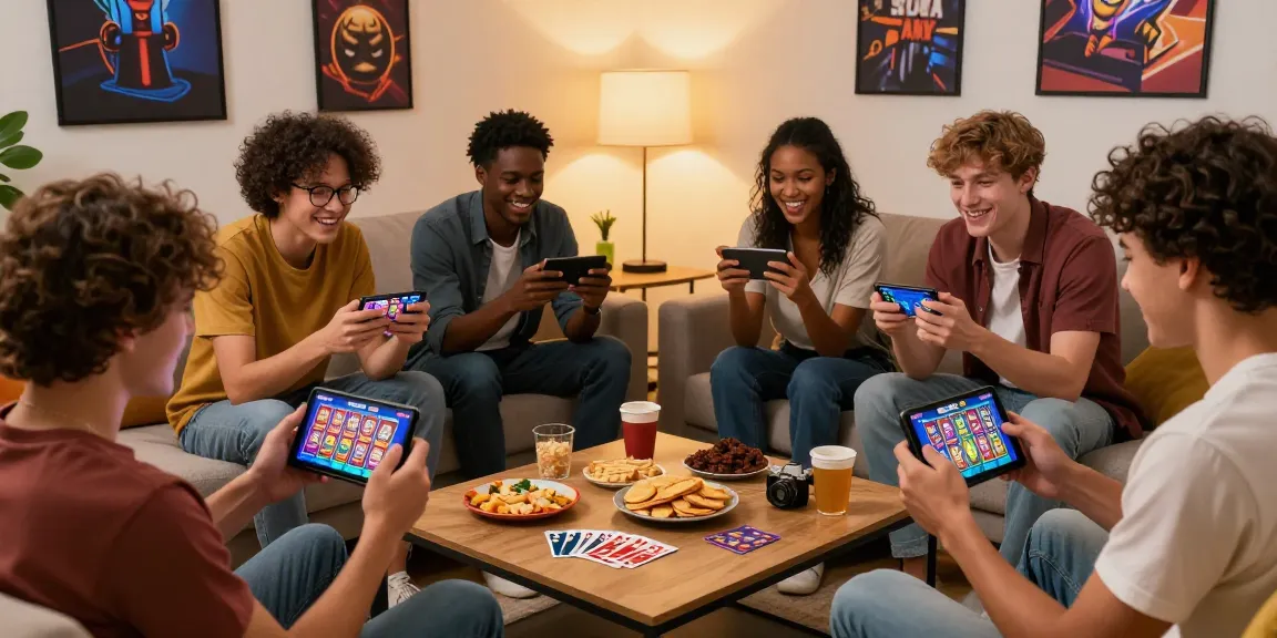 Group of friends enjoying Slots PK APK download on Android in a cozy living room.
