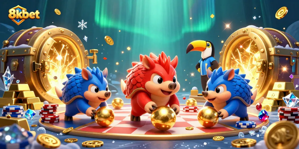 Experience thrilling gameplay at 8xbet with vibrant pangolins competing amid poker chips and treasure.
