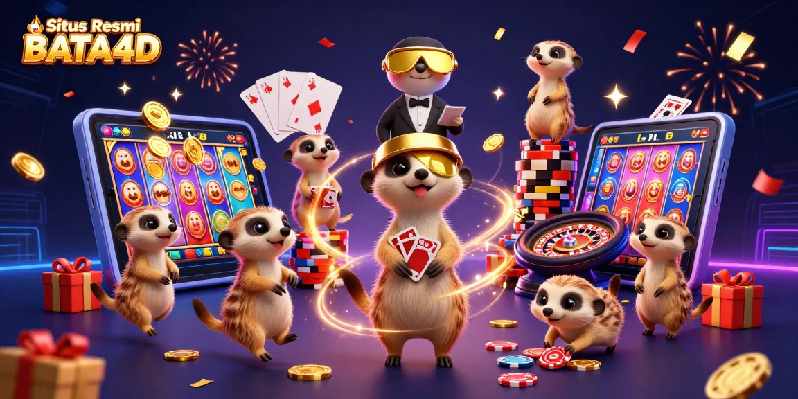 Situs Resmi BATA4D menampilkan koloni meerkat yang hijau merayakan kesuksesan dengan permainan kasino di latar belakang penuh keceriaan.