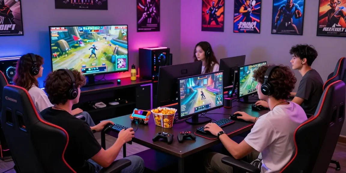 Friends enjoying a gaming session in a vibrant hit club environment, surrounded by consoles and snacks.