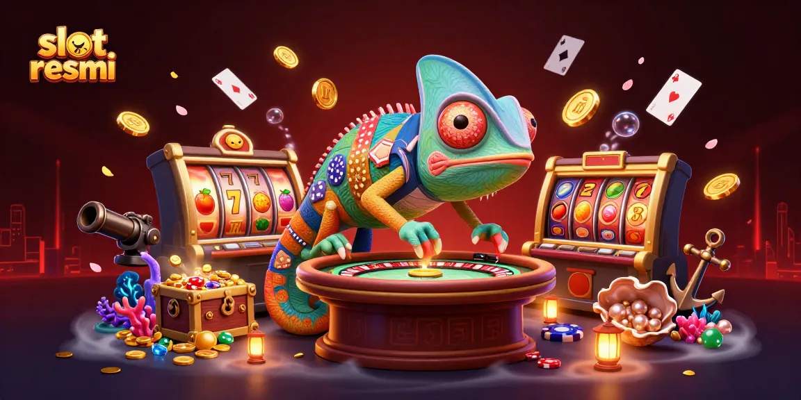Experience thrilling wins with slot resmi in this vibrant casino illustration filled with characters and games.