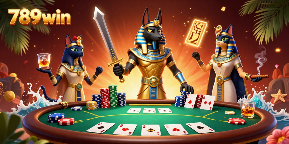 Engage in thrilling poker action at 789win with Anubis and Bastet in an ancient Egyptian casino scene.